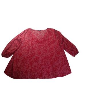 Roaman's 30W 5X Red Floral Embroidered V Neck Blouse Sheer Sleeve Plus‎ Size Top